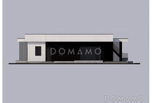 Проект одноэтажного просторного дома в стиле хай-тек с эксплуатируемой кровлей и просторной террасой / Фасад 3