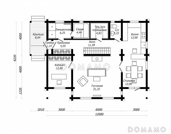 Проект изумительного белого цвета дома из клееного бруса / План 1 этажа