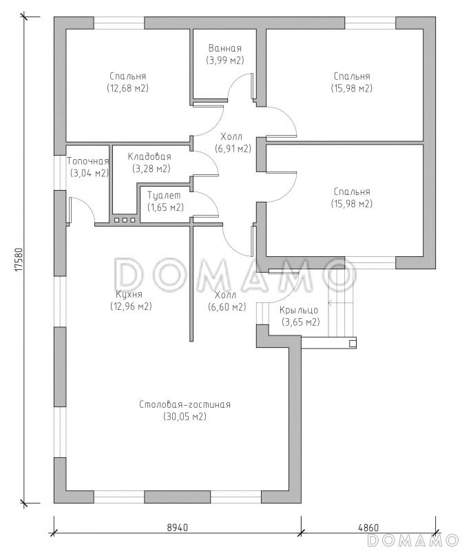 Проект компактного одноэтажного дома из СИП панелей с тремя спальнями и большой кухней-столовой-гостиной / План 1 этажа
