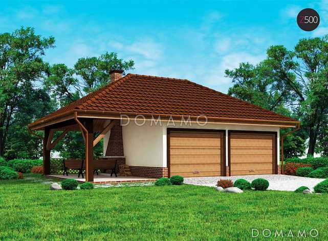 Проект гаража из газобетона для двух авто с отдельными воротами и барбекю на террасе 