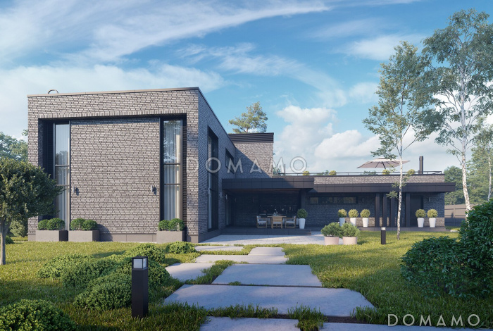 Проект кирпичного дома в стиле хай-тек с эксплуатируемой кровлей, вторым светом и просторной террасой