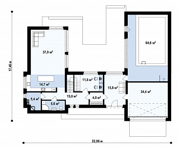 Проект двухэтажного дома с гаражом, большой прихожей, светлой гостиной, кабинетом / План 1 этажа