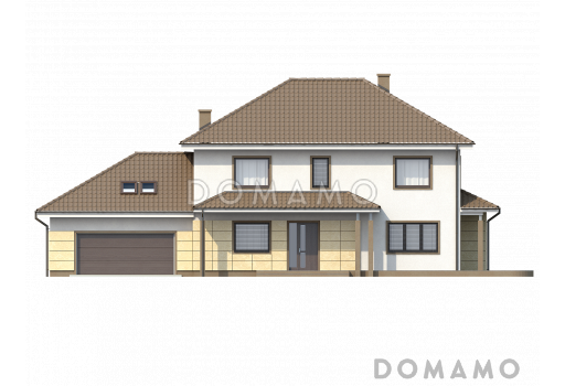Проект просторного современного двухэтажного дома из газобетона, с пятью комнатами, бильярдной и гаражом  / Фасад 2