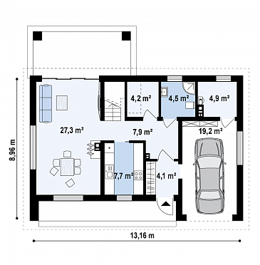 Проект одноэтажного мансардного дома из газобетона в современном стиле, со встроенным гаражом / План 1 этажа