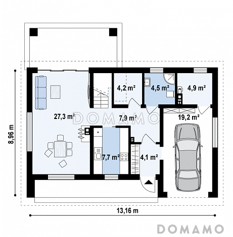 Проект одноэтажного мансардного дома из газобетона в современном стиле, со встроенным гаражом / План 1 этажа