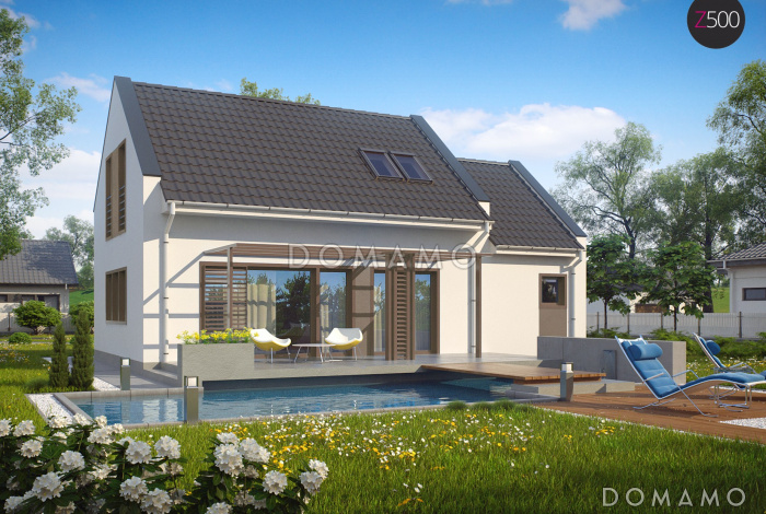 Проект одноэтажного дома из газобетона с мансардным этажом, светлой гостиной и гаражом для автомобиля