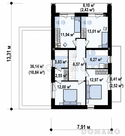 Проект двухэтажного дома с гаражом, гостиной с камином, кладовой, балконами / План 2 этажа
