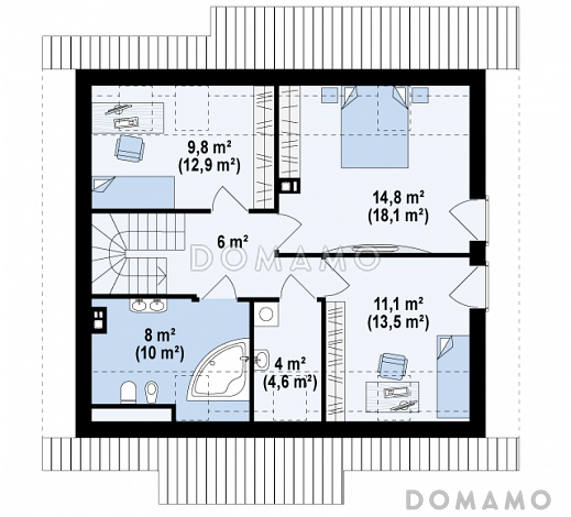 Проект компактного мансардного дома из газобетона с угловой террасой и окнами с французским балконом / План мансардного этажа