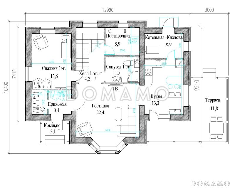 Проект полутораэтажного коттеджа с яркой облицовкой и открытой террасой из СИП панелей / План 1 этажа