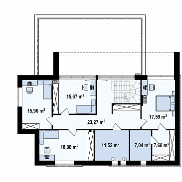 Проект просторного современного двухэтажного дома из газобетона с плоской крышей,  с пятью комнатами, гаражом и террасой на втором этаже / План 2 этажа