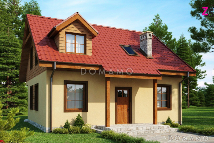 Проект компактного одноэтажного мансардного дома из газобетона квадратной формы с барбекю на террасе