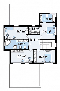 Проект просторного двухэтажного дома из газобетона с четырьмя спальнями,  гаражом и сауной / План 2 этажа