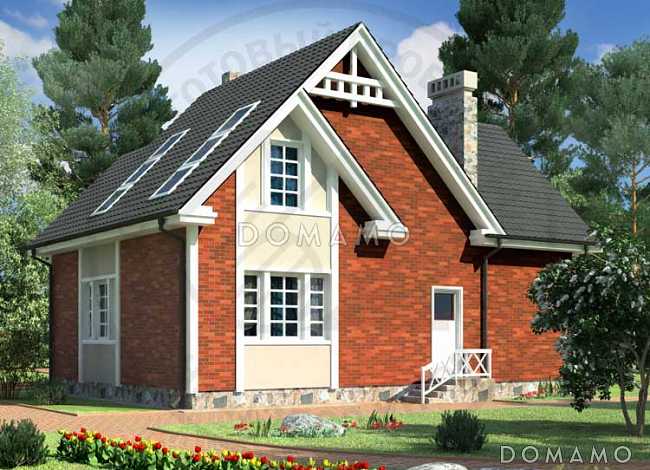 Проект загородного дома из панелей SIP с тремя спальнями на мансардном этаже, круглым окном, гаражом на одну машину