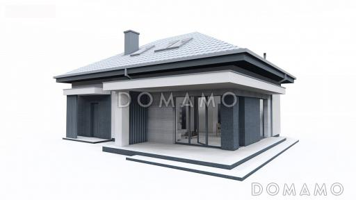 Проект загородного дома с гаражом на одну машину, кладовой на кухне, мастер-спальней в мансарде / Фасад 3