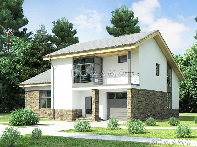 Проект дома с гаражом на одну машину, кухней-столовой с выходом на террасу, спальней на первом этаже, вторым светом