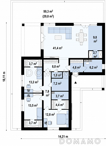 Проект комфортного одноэтажного дома из газобетона с тремя спальнями / План 1 этажа