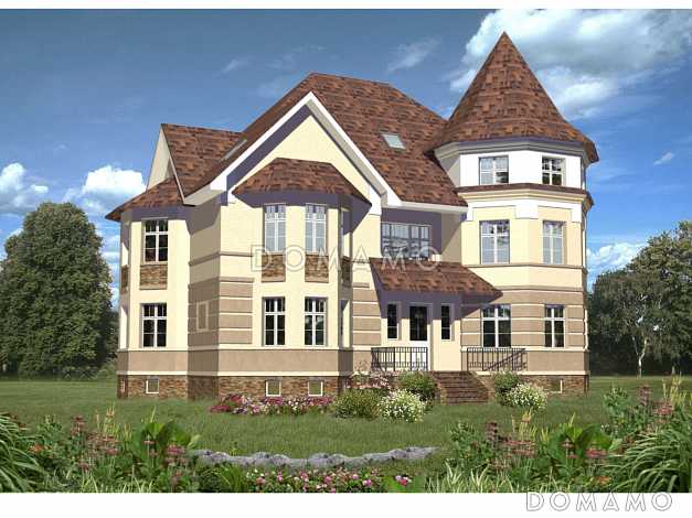 Проект дома из кирпича с необычной в плане каминной комнатой