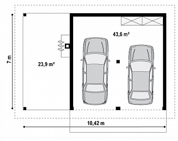 Проект гаража из кирпича для двух авто с отдельными воротами и барбекю на террасе  / План 1 этажа