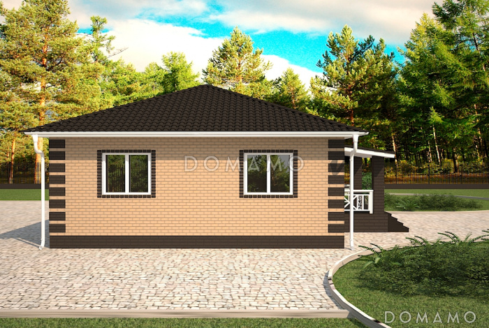 Проект небольшого одноэтажного дома с двумя спальнями, кладовой в кухне-гостиной