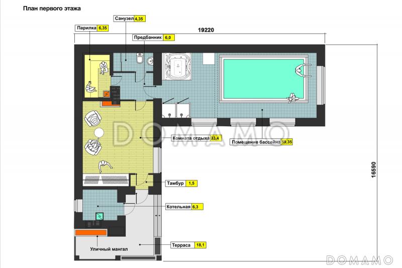 Проект бани по технологии ЛСТК с террасой, бассейном, сауной, парилкой и просторной комнатой отдыха / План 1 этажа