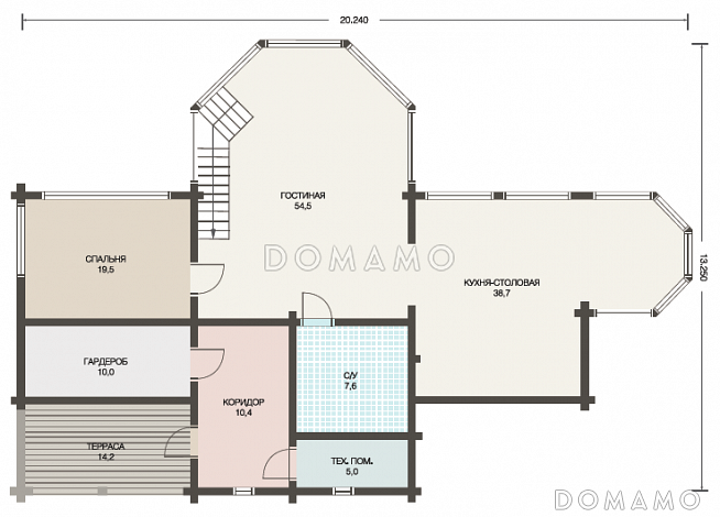 Проект стильного дома из клееного бруса с обширным остеклением и вторым светом / План 1 этажа