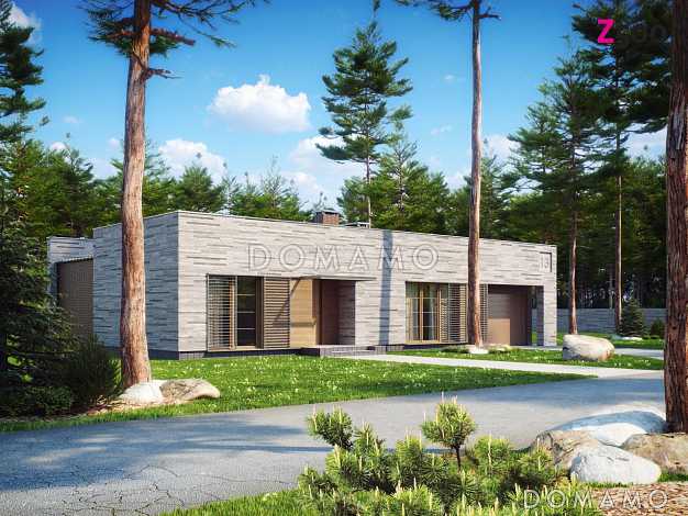 Проект современного одноэтажного дома из кирпича с плоской крышей, тремя спальнями и гаражом