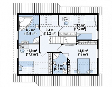 Проект одноэтажного мансардного дома из газобетона с кабинетом и тремя комнатами / План мансардного этажа