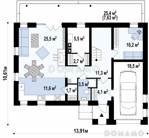 Проект современного мансардного дома из кирпича с пятью комнатами и гаражом / План 1 этажа
