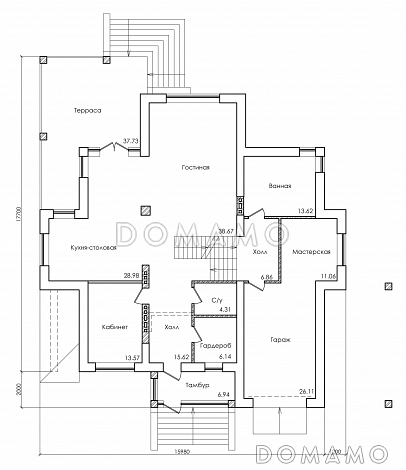 Проект особняка в трех уровнях, с комнатой отдыха на чердаке, с мастерской, гаражом и навесом под автомобиль / План 1 этажа