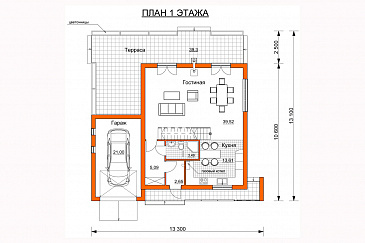 Проект современного дома с гаражом на одну машину, открытой террасой, просторной гостиной, широким балконом над гаражом / План 1 этажа