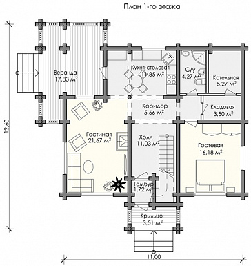 Проект дома  с 4 спальными комнатами, санузлом и небольшим балконом на мансардном этаже / План 1 этажа