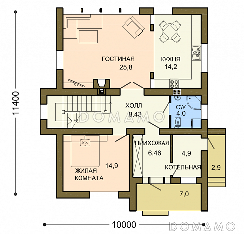 Проект лаконичного коттеджа с массивной каменной стеной крыльца / План 1 этажа