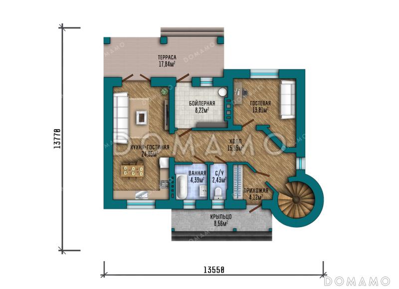 Проект двухэтажного дома с башней в замковом стиле, большим подвалом и продуманными планировочными решениями / План 1 этажа