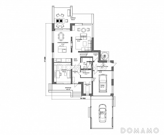 Проект современного двухэтажного дома из газобетона с сауной и балконом / План 1 этажа
