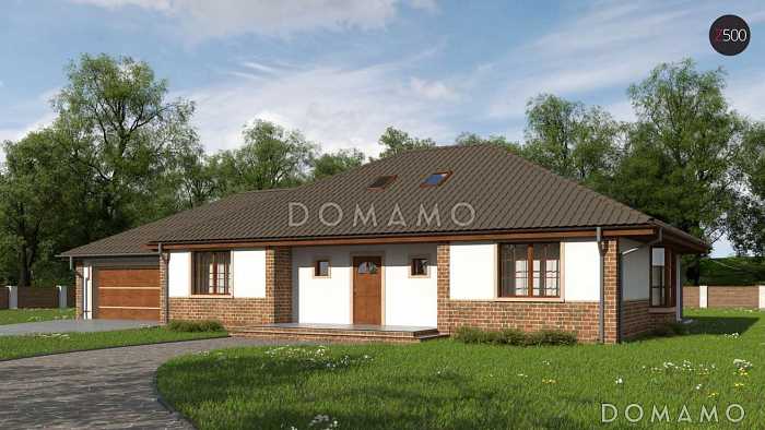 Проект одноэтажного дома из кирпича с мансардой, гаражом на два автомобиля и зоной барбекю на террасе