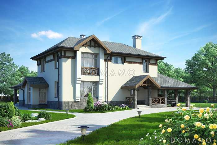 Проект загородного дома с навесом на одну машину, крытой террасой, большой гостиной, вытянутой кухней, французским балконом