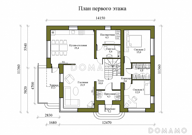 Проект двухэтажного дома из керамических блоков с двускатной крышей с подвалом, террасой и балконом / План 1 этажа