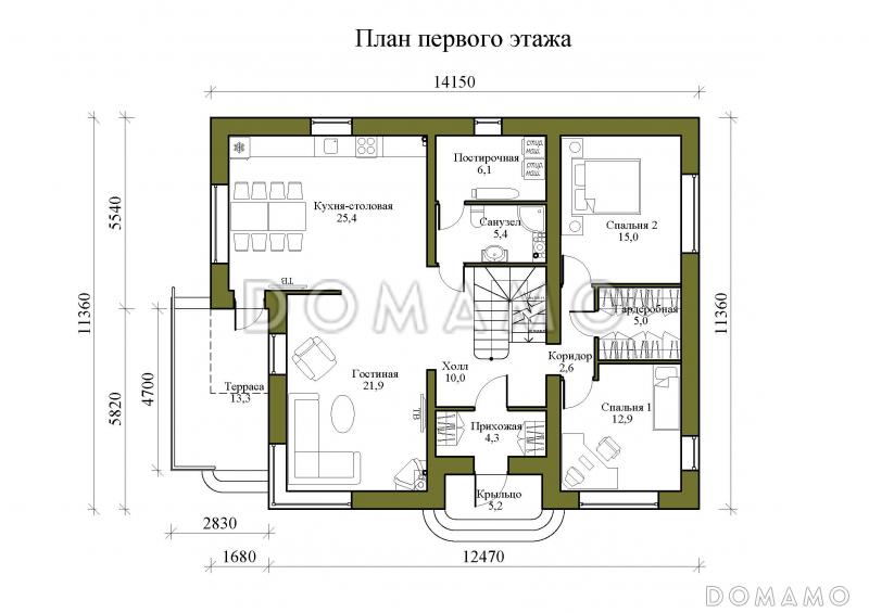 Проект двухэтажного дома из керамических блоков с двускатной крышей с подвалом, террасой и балконом / План 1 этажа