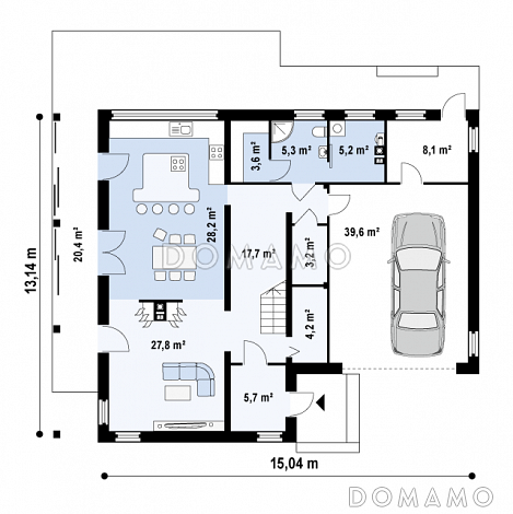 Проект современного двухэтажного дома с плоской крышей из газобетона с четырьмя спальнями, гаражом и просторной террасой над ним / План 1 этажа