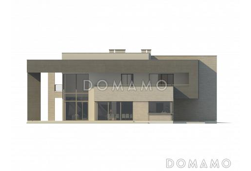 Проект большого современного двухэтажного дома из кирпича необычной формы, с тремя спальнями и кабинетом, сауной и гаражом / Фасад 2