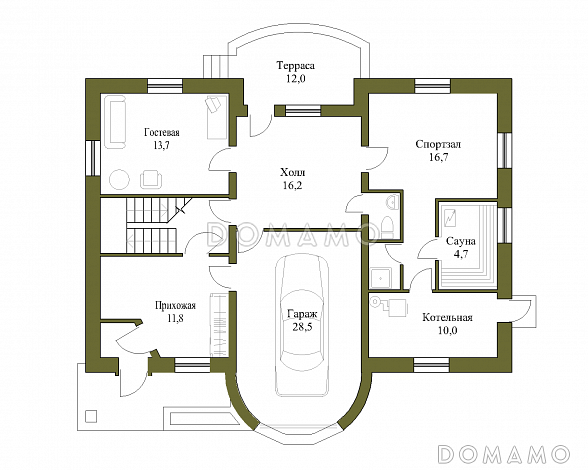 Проект коттеджа с гаражом и зимним садом / План 1 этажа