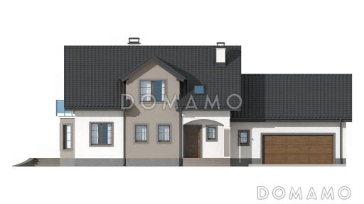 Проект одноэтажного мансардного дома из газобетона с кабинетом, эркером, балконом над ним и гаражом на два автомобиля / Фасад 1