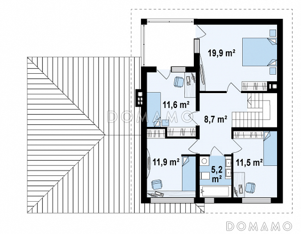 Проект современного двухэтажного дома из газобетона с четырьмя спальнями, кабинетом и пристроенным гаражом на два автомобиля / План 2 этажа