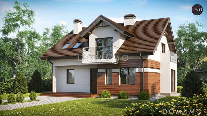 Проект одноэтажного мансардного дома из газобетона с кабинетом, эркером и балконом