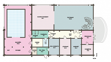 Проект роскошного дома из клееного бруса с бассейном и огромной гостиной / План 1 этажа
