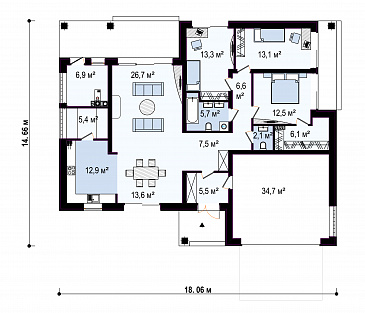 Проект одноэтажного дома из газобетона со встроенным гаражом на два автомобиля / План 1 этажа