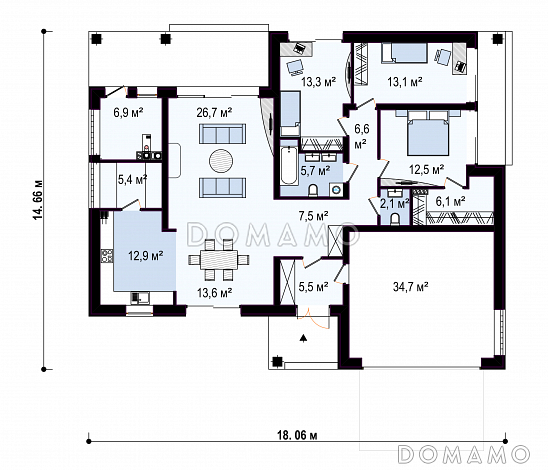 Проект одноэтажного дома из газобетона со встроенным гаражом на два автомобиля / План 1 этажа
