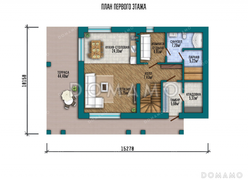 Проект двухэтажного дома с большой террасой и парной / План 1 этажа