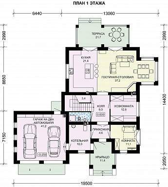 Проект двухэтажного дома с вместительным гаражом для двух авто / План 1 этажа