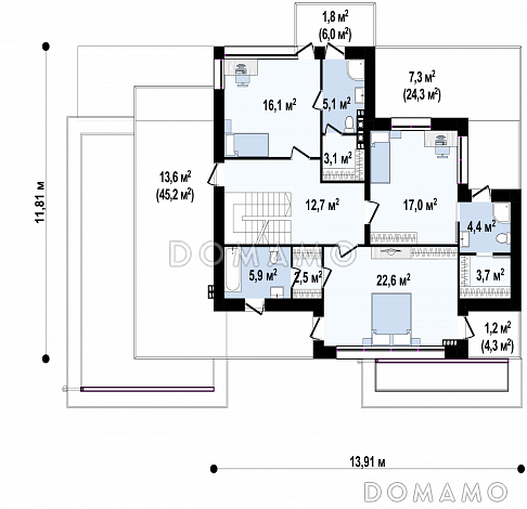 Проект двухэтажного дома с подвалом, гаражом, кладовой в центре кухонной зоны / План 2 этажа